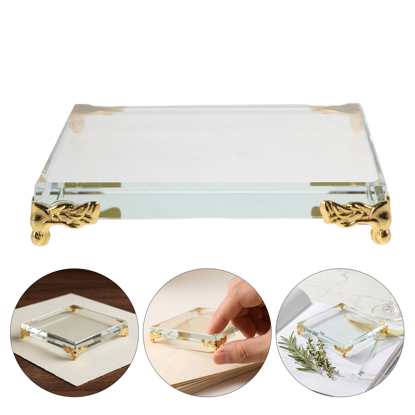 Paper Weight Crystal - ที่ทับกระดาษคริสตัลทรงสี่เหลี่ยม ขอบทอง ฐานโลหะมุมเหลี่ยม ฐานตั้งโชว์คริสตัลตกแต่ง สำหรับสำนักงาน ห้องนอน